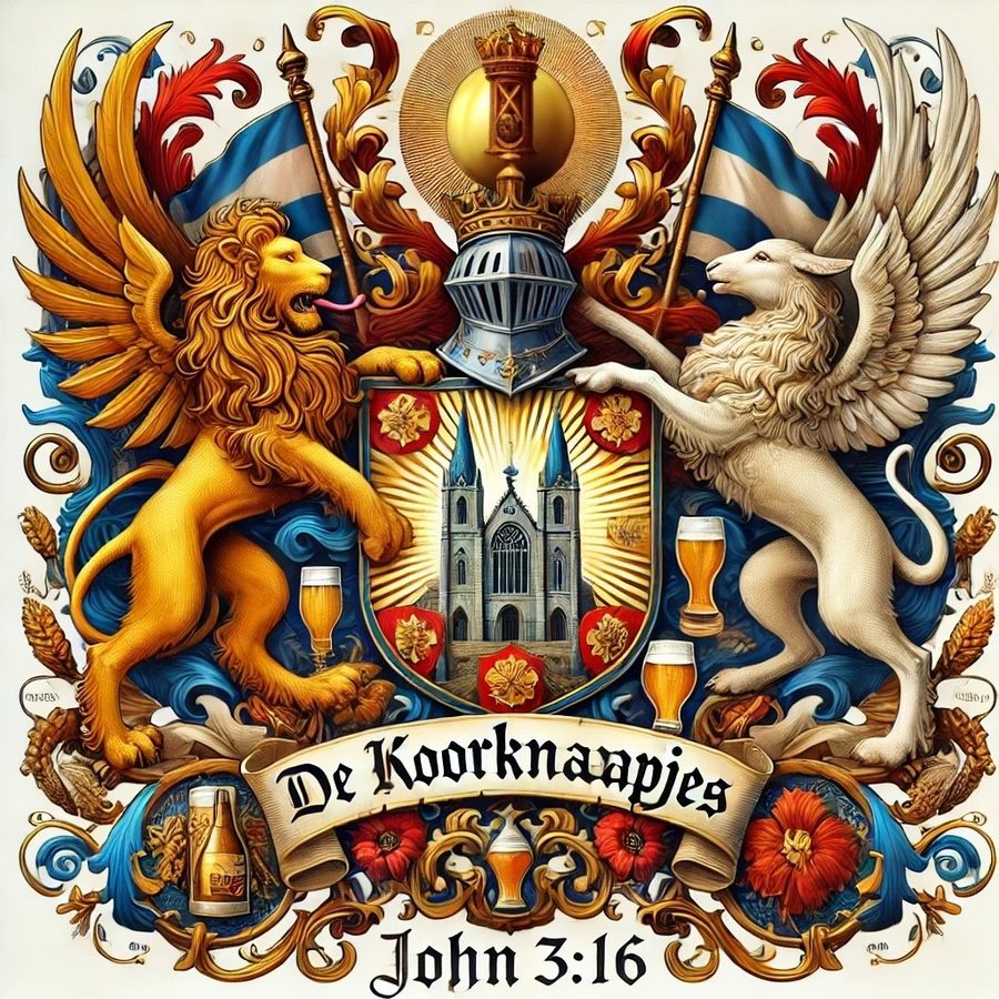 Wapenschild van De Koorknaapjes: een gevleugelde leeuw en een gevleugeld lam houden een schild met een kerk vast, omringd door bierglazen en het opschrift Johannes 3:16.